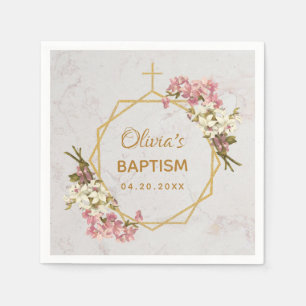 Girl Baptism Marble Floral Orchids Gold Geometric Napkin