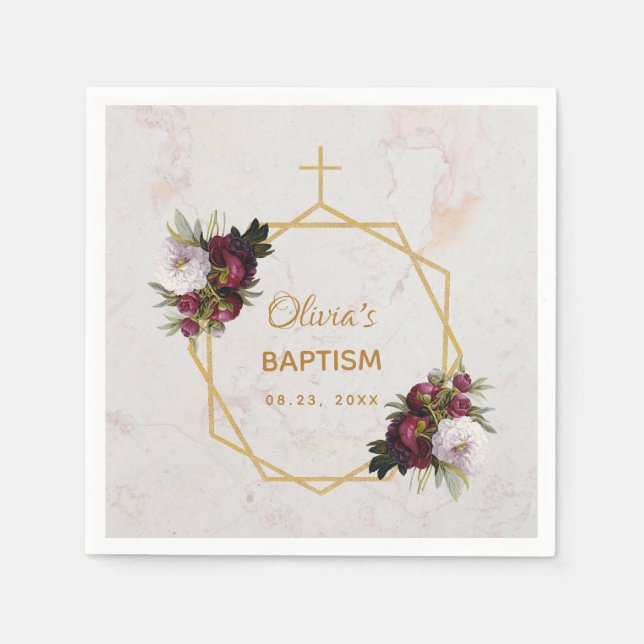 Girl Baptism Marble Gold Burgundy Peonies Floral Napkin (Front)