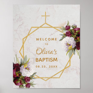 Girl Baptism Marble Gold Peonies Butterfly Welcome Poster