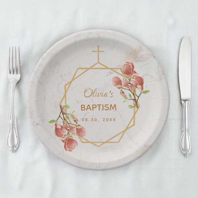 Girl Baptism Marble Gold Pink Magnolia Geometric Paper Plate (Creator Uploaded)