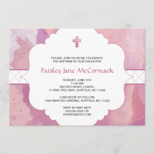 Girl baptism or first communion invite pink purple