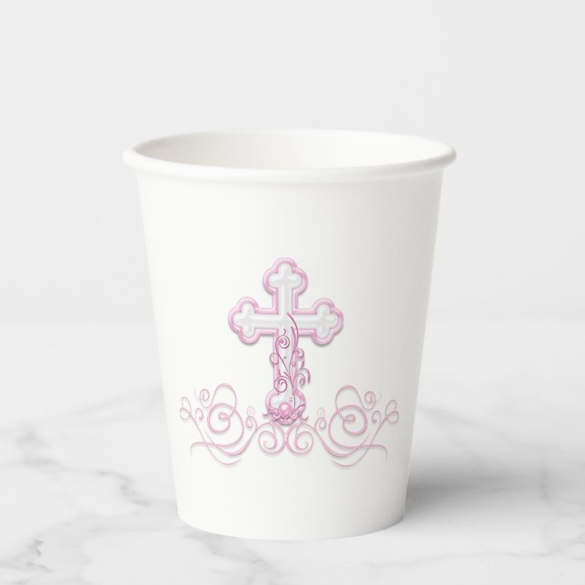 Girl Baptism Paper Cups with Pink Cross (Front)
