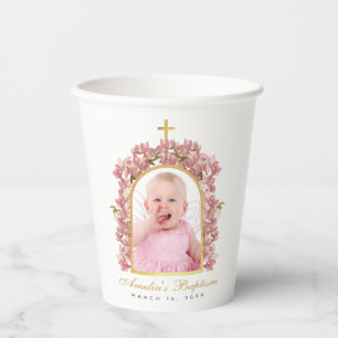 Girl Baptism Photo Gold Arch Floral Pink Orchids P Paper Cups
