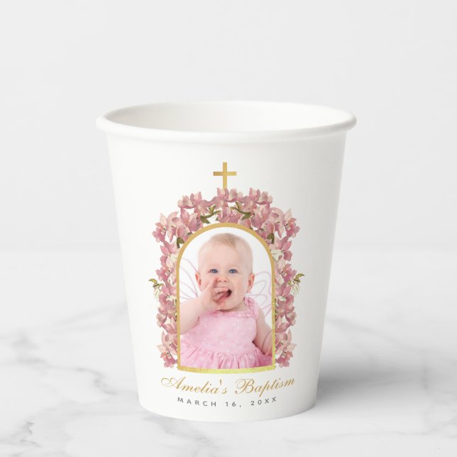 Girl Baptism Photo Gold Arch Floral Pink Orchids P Paper Cups (Front)