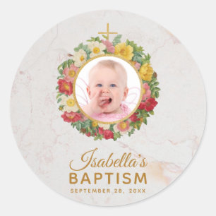 Girl Baptism Photo in Rose Wreath Marble Script Classic Round Sticker