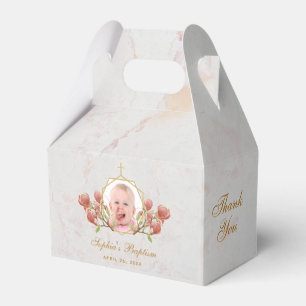 Girl Baptism Photo Marble Pink Magnolia Floral Favour Box