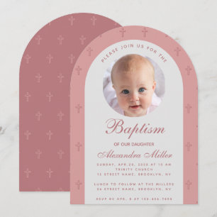 Girl Baptism Photo Pink Dusty Rose Arch Modern Invitation