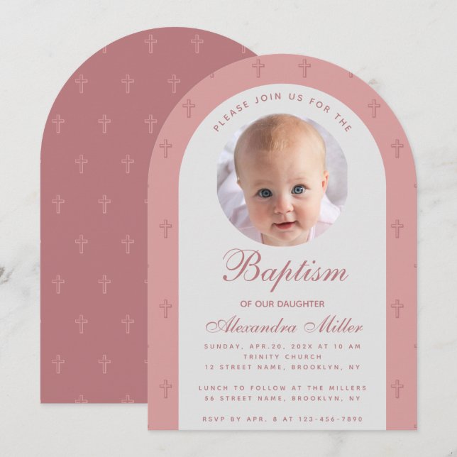 Girl Baptism Photo Pink Dusty Rose Arch Modern Invitation (Front/Back)