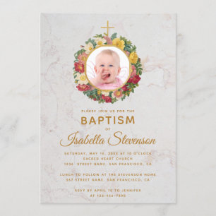 Girl Baptism Photo Rose Wreath Cross Marble Floral Invitation