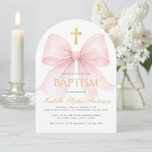 Girl Baptism Pink Bow Faux Gold Cross Calligraphy Invitation