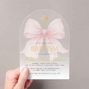 Girl Baptism Pink Bow Faux Gold Cross Script Ombre Acrylic Invitations