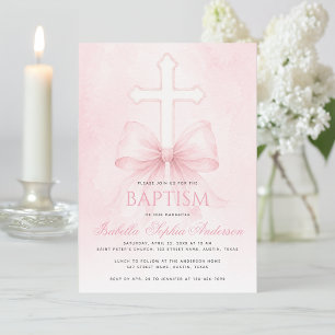 Girl Baptism Pink Bow Watercolor Christening Cross Invitation