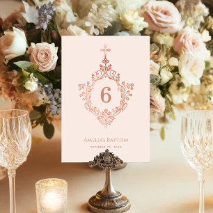 Girl Baptism Pink Elegant Rose Gold Cross on Crest Table Number