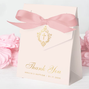 Girl Baptism Pink Faux Gold Cross Crest Thank You Favour Box