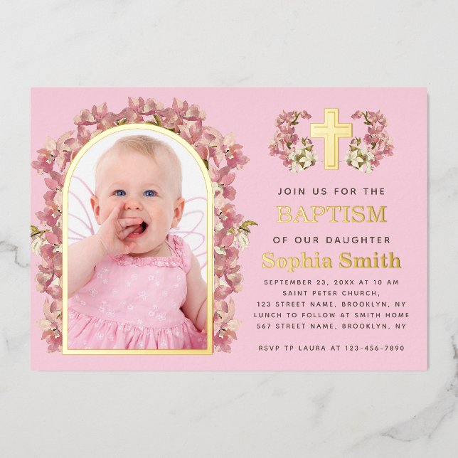 Girl Baptism Pink Floral Arch Photo Orchids Gold  (Front)