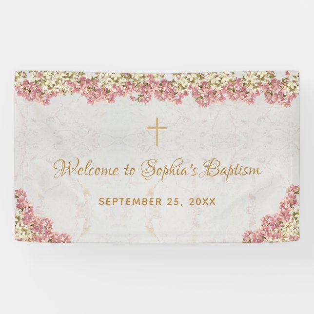 Girl Baptism Pink Floral Orchids Gold Welcome Banner (Horizontal)