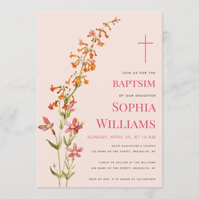  Girl Baptism Pink Floral Watercolor Wildflowers Invitation (Front)