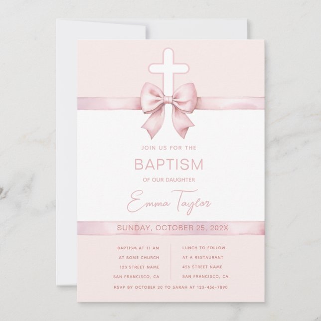 Girl Baptism Pink Ribbon Bow & Cross Christening Invitation (Front)