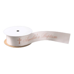 Girl Baptism Pink Rose Gold Cross and Calligraphy Satin Ribbon