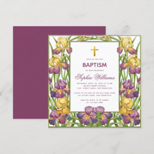 Girl Baptism Purple Yellow Iris Gold Cross Floral Invitation
