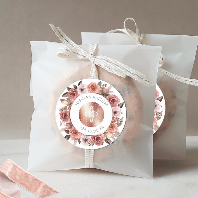 Girl Baptism, Rose Gold Floral Envelope Seal/Favou Classic Round Sticker (Creator Uploaded)