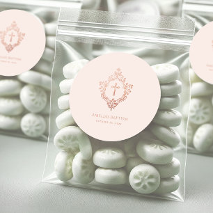 Girl Baptism Rose Gold Pink Vintage Cross in Crest Classic Round Sticker