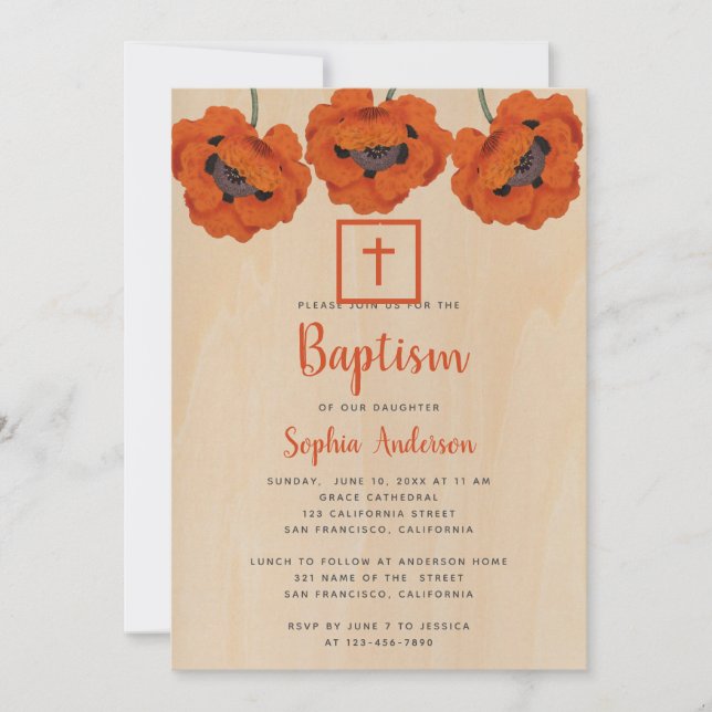 Girl Baptism Rustic Red Poppies Brown Wood Script Invitation (Front)