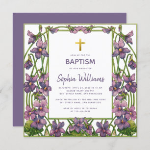 Girl Baptism Violet Purple Green Gold Cross Floral Invitation