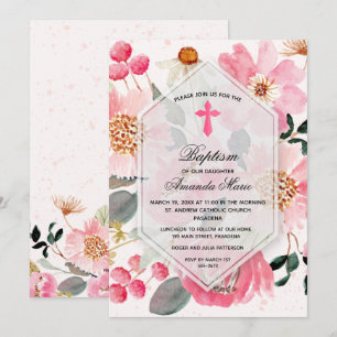 Girl Baptism Watercolor Pink Floral Invitation