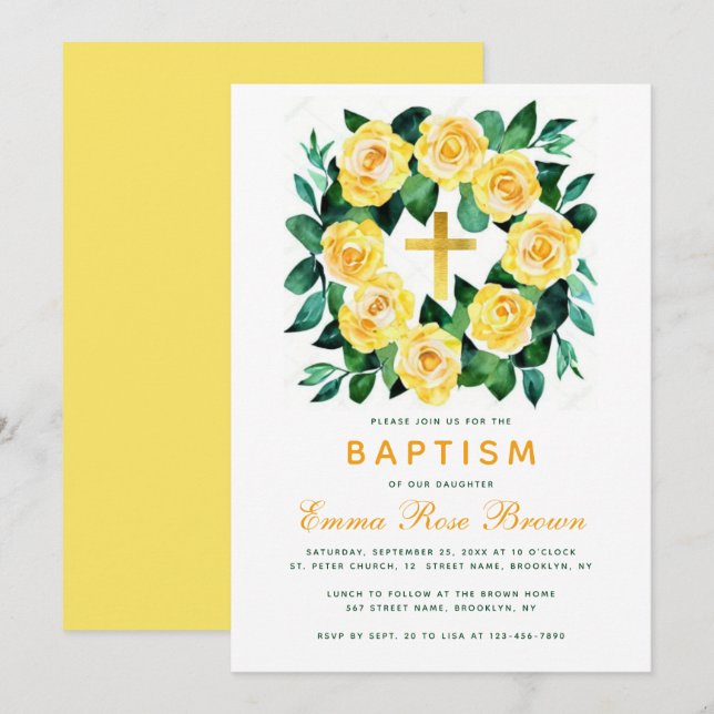Girl Baptism Yellow Rose Wreath Faux Gold Invitation (Front/Back)