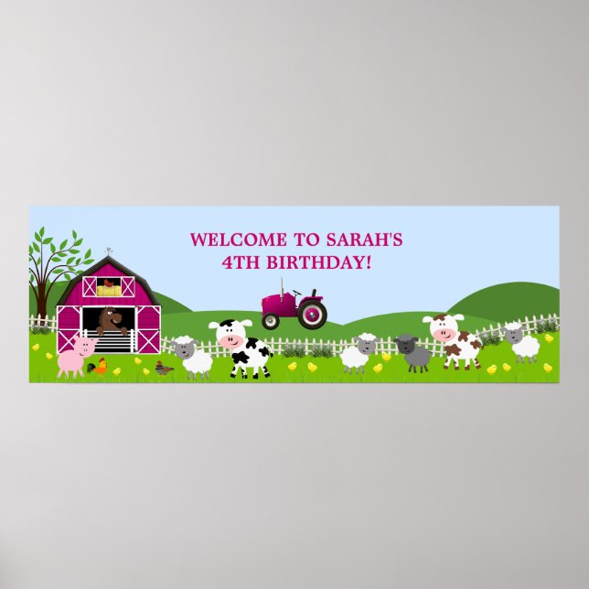 Girl Barnyard Farm Animals Birthday Banner Poster (Front)