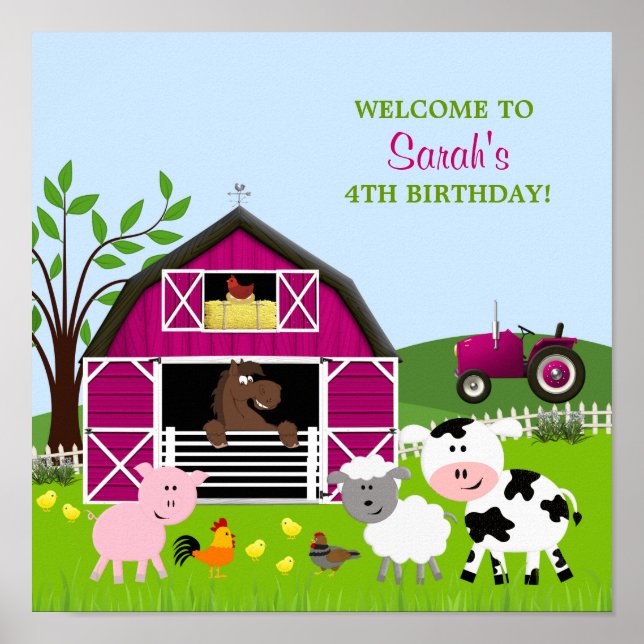 Girl Barnyard Farm Animals Birthday Poster (Front)