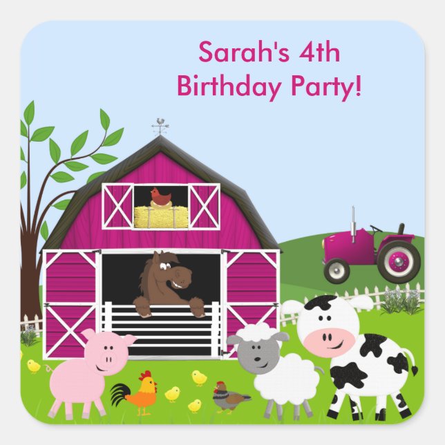 Girl Barnyard Farm Animals Birthday Sticker (Front)