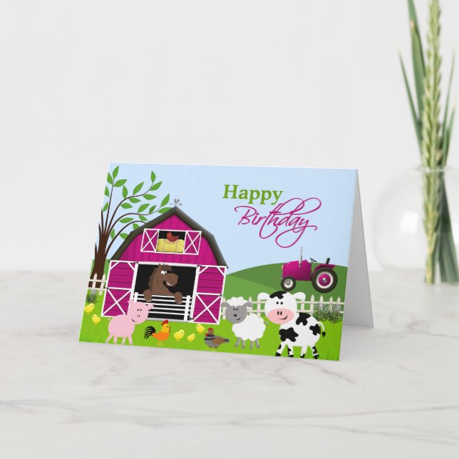 Girl Barnyard Farm Animals Greeting Card (Front)