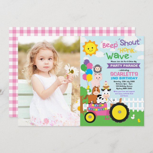 Girl Barnyard Farm Drive By Birthday Party Parade Invitation (Front/Back)