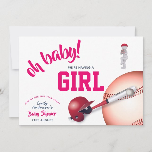 GIRL Baseball Baby Shower PINK Blue Invitations (Front)