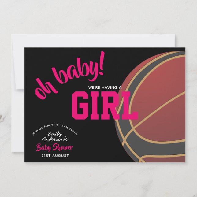 GIRL Baseketball Baby Shower Pink Black Invites (Front)