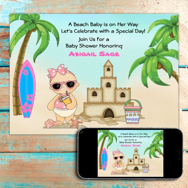 Girl Beach Baby Sandcastle n Surfboard Baby Shower Invitation (Creator Uploaded)