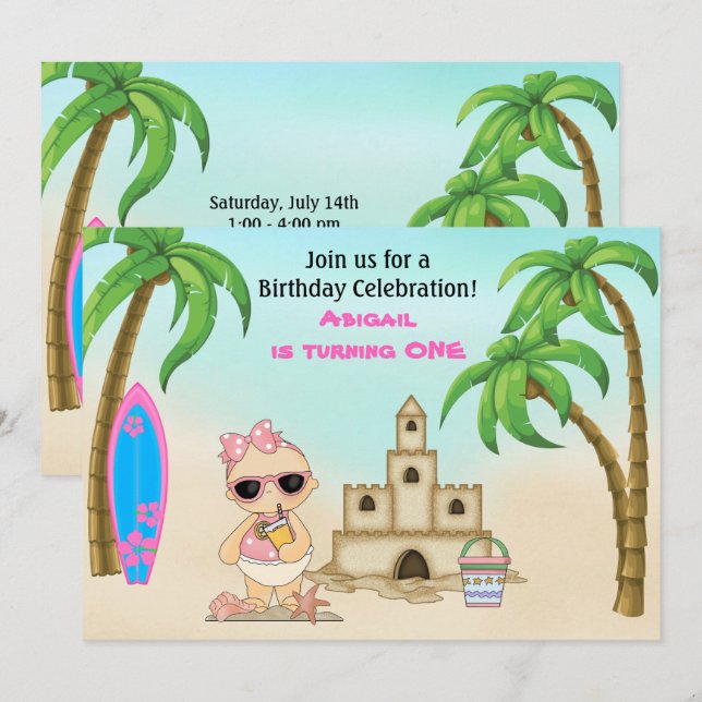 Girl Beach Baby Sandcastle, Surfboard 1st Birthday Invitation (Front/Back)