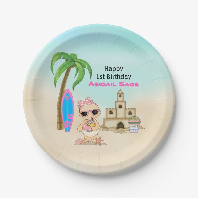Girl Beach Baby Sandcastle, Surfboard 1st Birthday Paper Plate (Front)