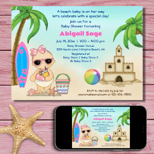 Girl Beach Baby Sandcastle, Surfboard Baby Shower Invitation