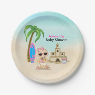 Girl Beach Baby Sandcastle, Surfboard Baby Shower Paper Plate