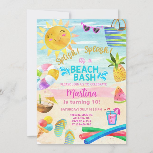 Girl beach party, beach bash summer invitation. invitation (Front)