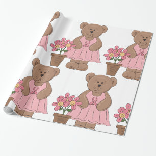 Girl Bear And Flowers Wrapping Paper