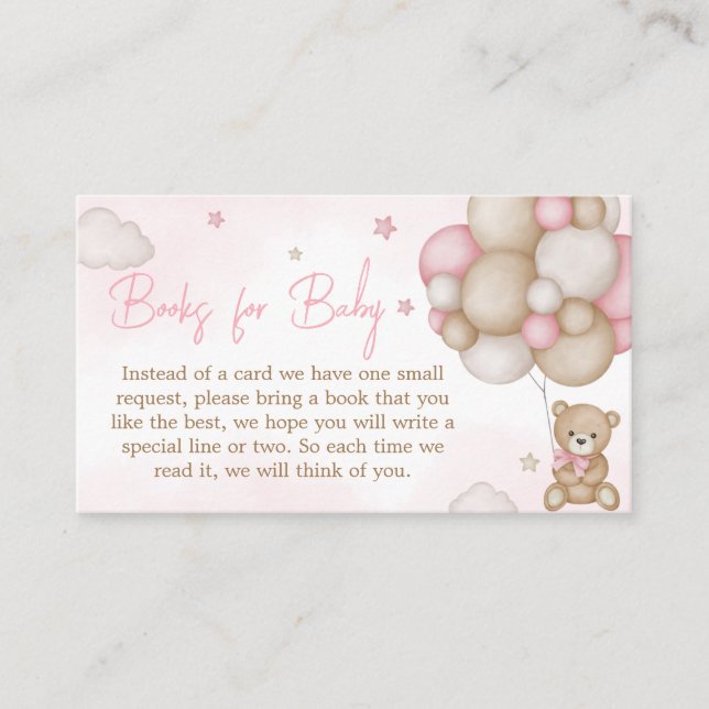 Girl Bear Balloon Baby Shower Books for Baby Enclosure Card (Front)