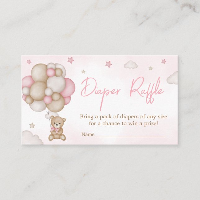 Girl Bear Balloon Baby Shower Diaper Raffle Enclosure Card (Front)