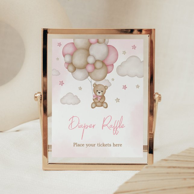 Girl Bear Balloon Baby Shower Diaper Raffle Poster (Pink Boho Bear Balloon Baby Shower Diaper Raffle)