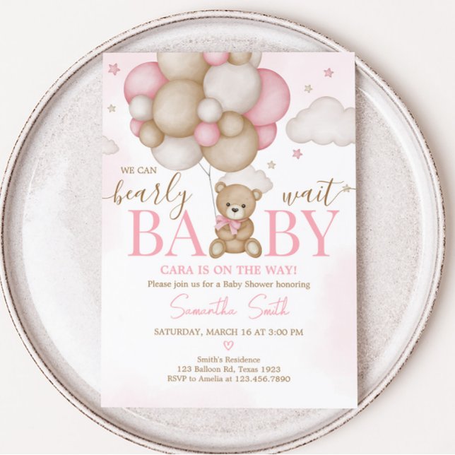 Girl Bear Balloon Baby Shower  Invitation (Pink Boho Bear Balloon Baby Shower Invitation)