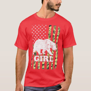 Girl Bear Camping Hiking Camouflage USA American F T-Shirt
