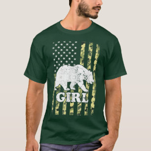 Girl Bear Camping Hiking Camouflage USA American F T-Shirt